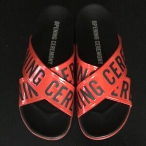 Opening Ceremony red black raised logo thick sole non slip tread slide sandals